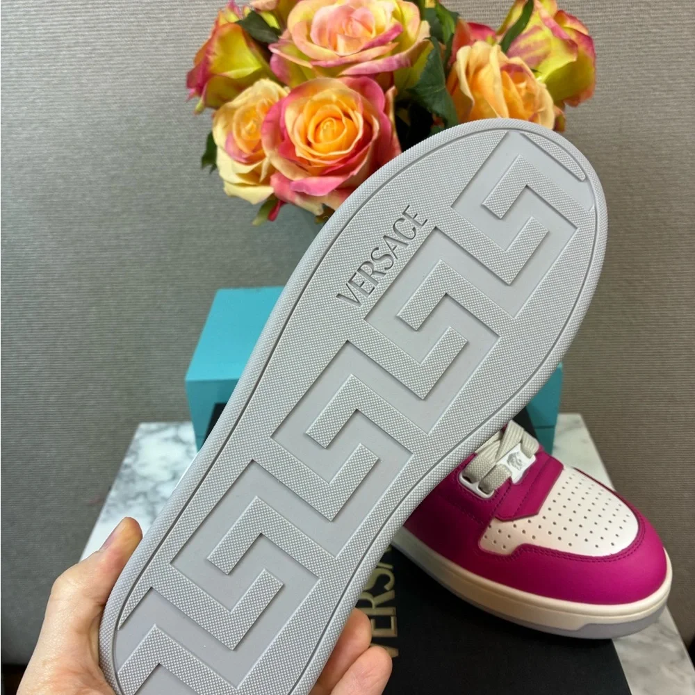 NWT Versace Women’s White & Pink Vitello Leather Sneakers - EU Size 39 = US 9 - Picture 5 of 14